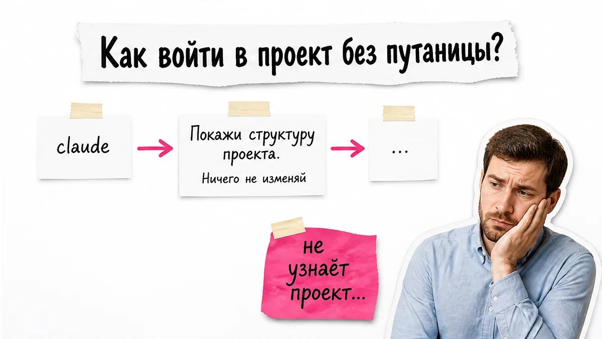 Схема запуска Claude Code через корневую папку проекта и проверку структуры.
