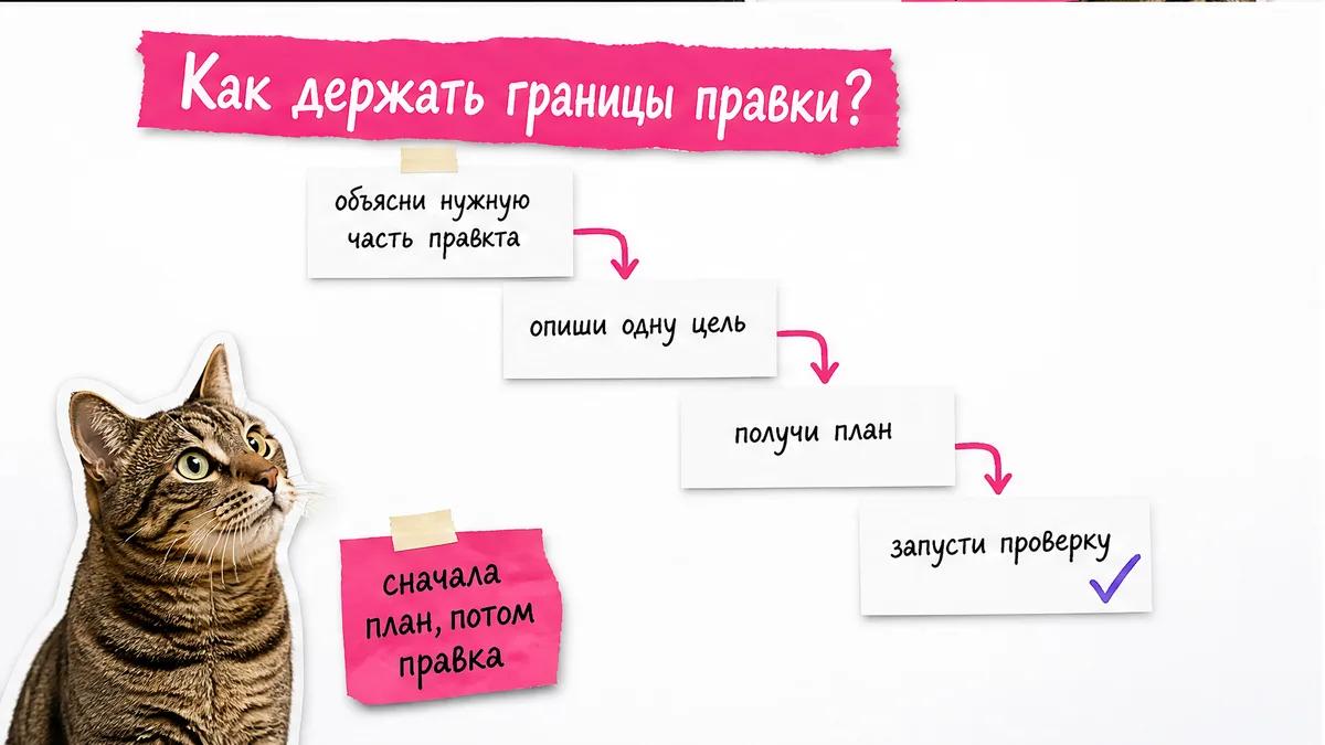Кот наблюдает за последовательностью объяснения проекта, плана, правки и проверки.