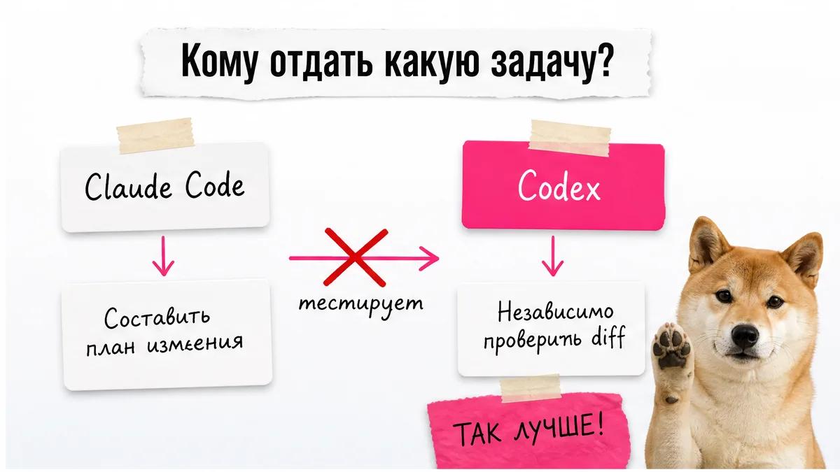 Кот смотрит на схему распределения задач между Claude Code и Codex.