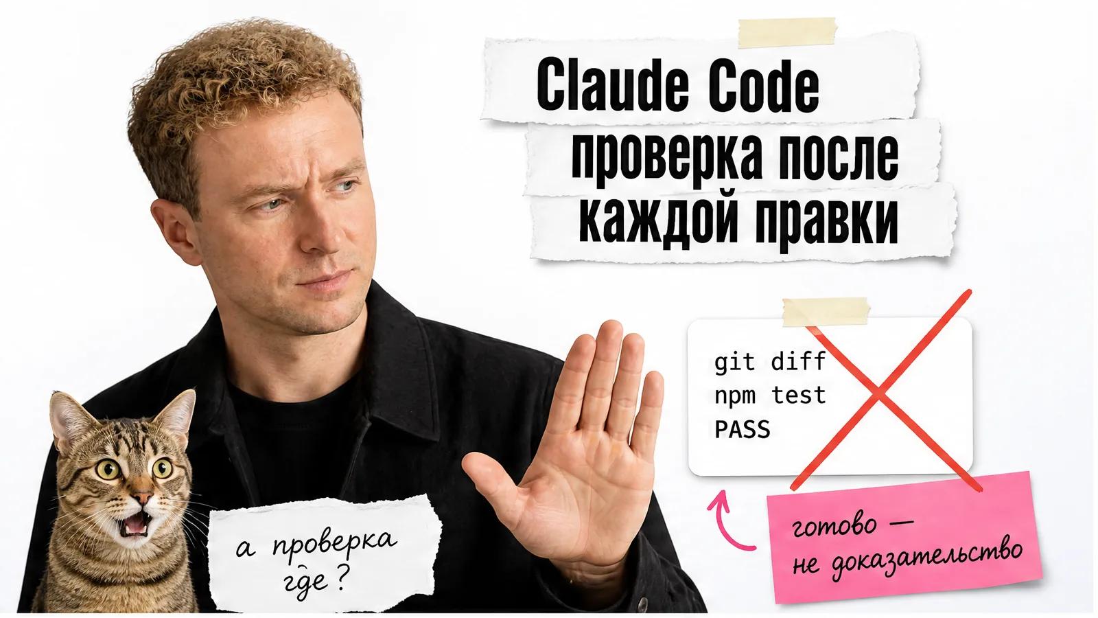 Автор статьи показывает цикл проверки правки, рядом удивлённый кот и карточки с diff и командой теста.