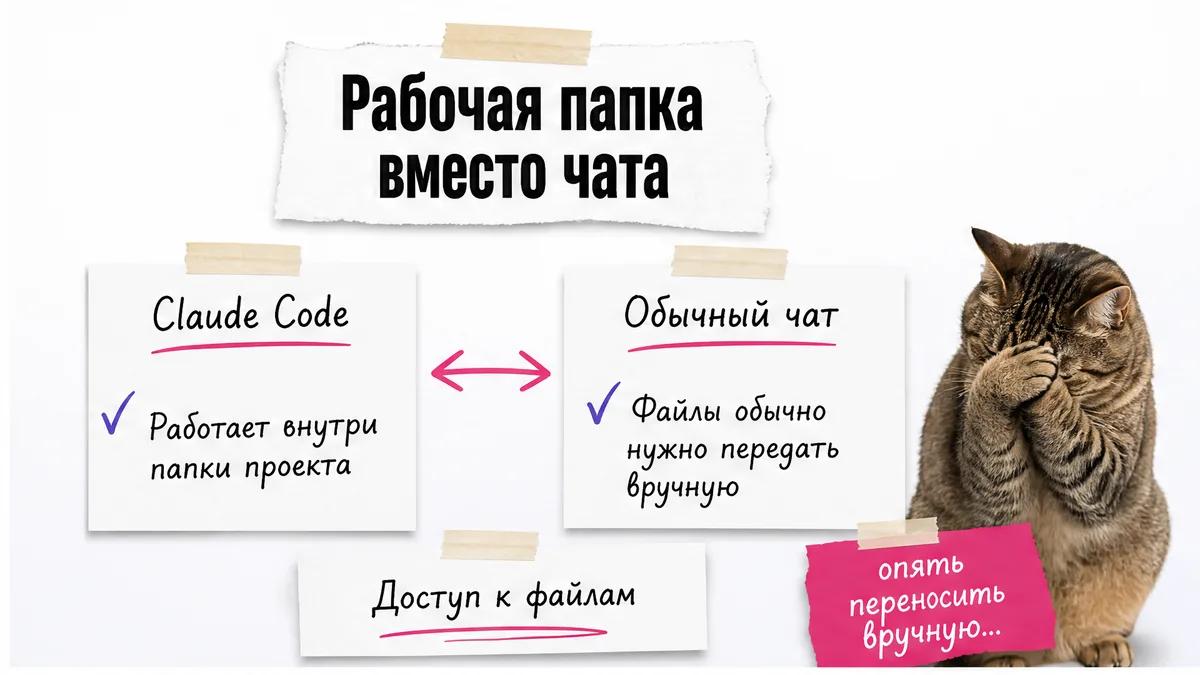 Кот закрывает морду лапой у сравнения Claude Code и обычного чата.