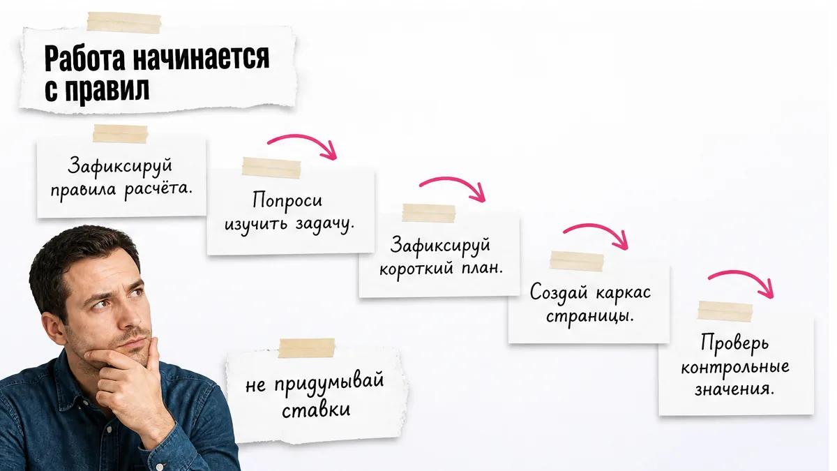 Мужчина с ладонью на лице смотрит на цепочку шагов сборки калькулятора.