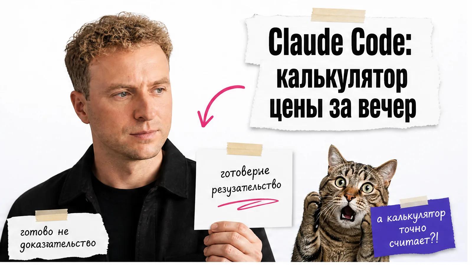 Автор с приложенного фото показывает калькулятор цены, рядом кот в шоке и карточки с планом проверки.