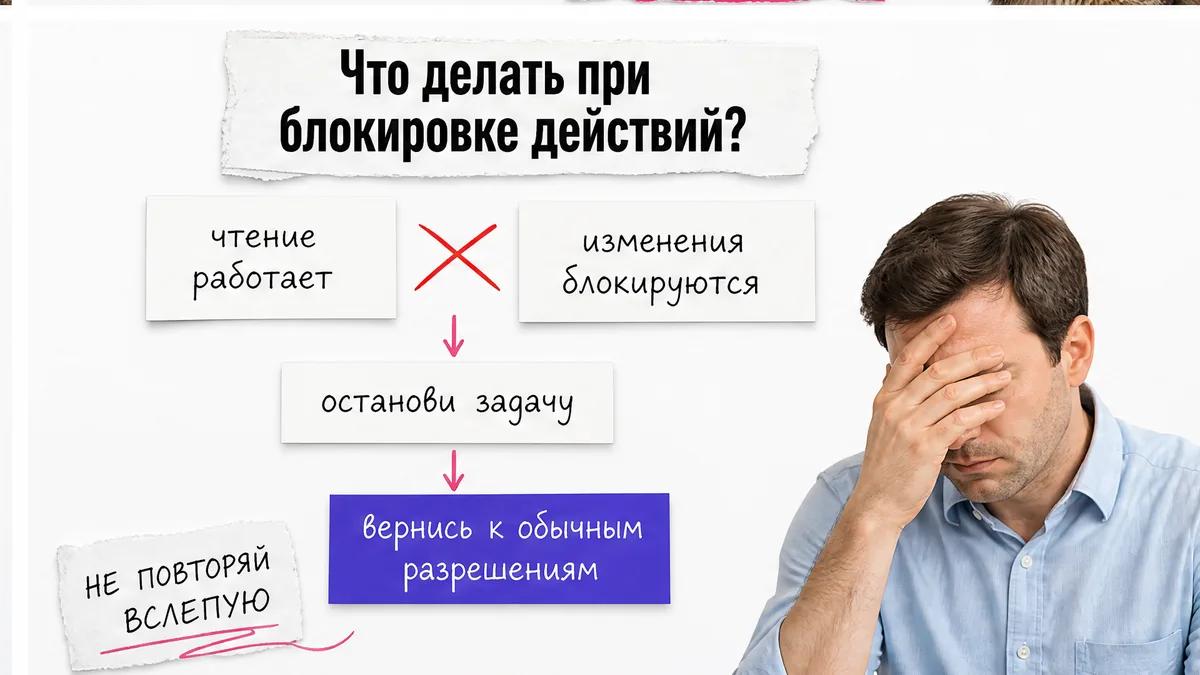 Мужчина закрывает лицо рядом с карточками заблокированных действий.
