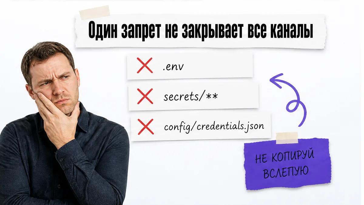 Мужчина закрывает лицо лапонью рядом с путями файлов, которые нужно запретить.