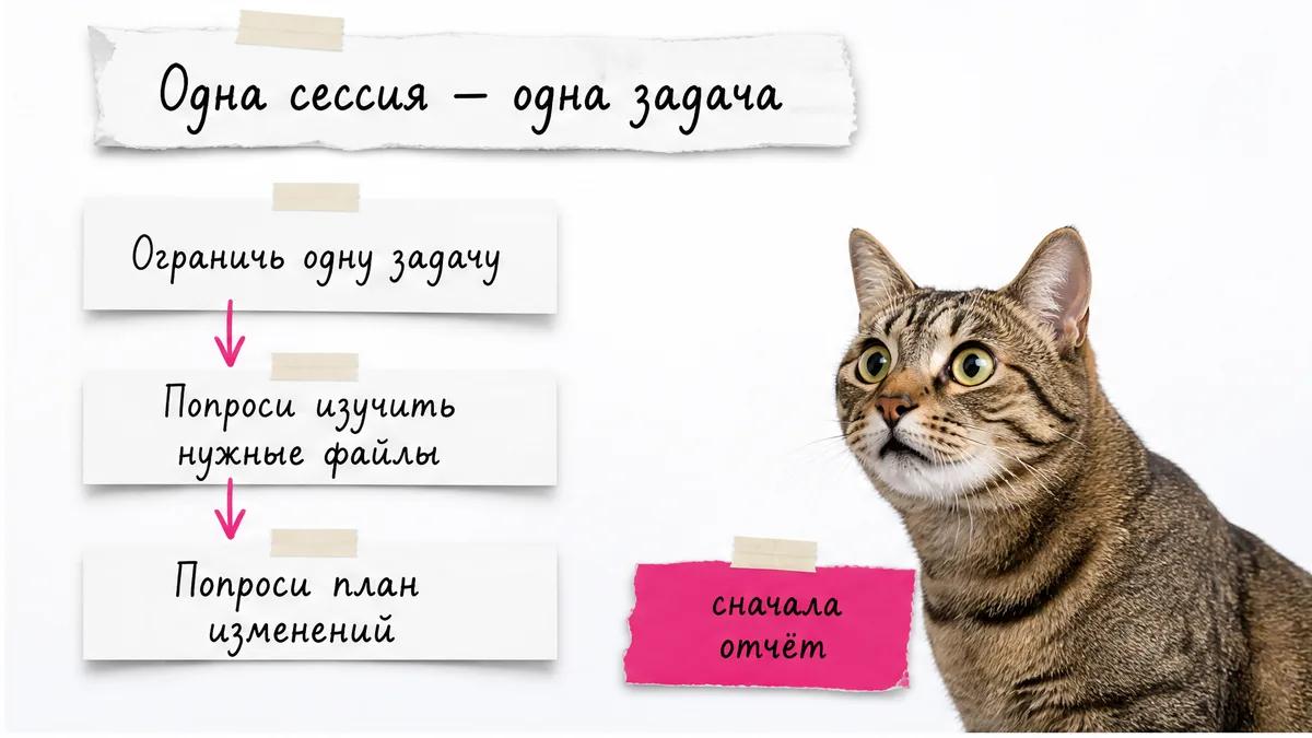 Кот смотрит на три карточки с этапами работы Claude Code.