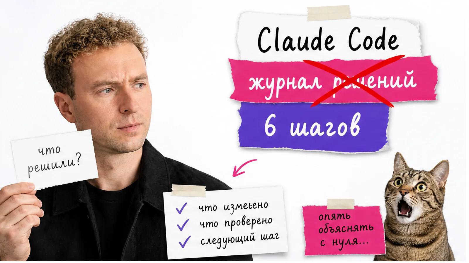 Автор с приложенного фото показывает журнал решений, рядом удивлённый кот и карточки проекта.