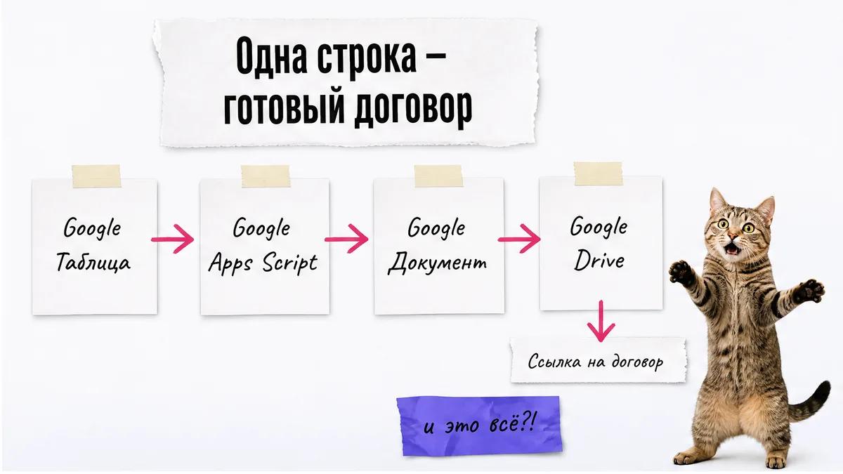 Кот удивляется схеме из таблицы, скрипта, документа, Drive и ссылки на договор.
