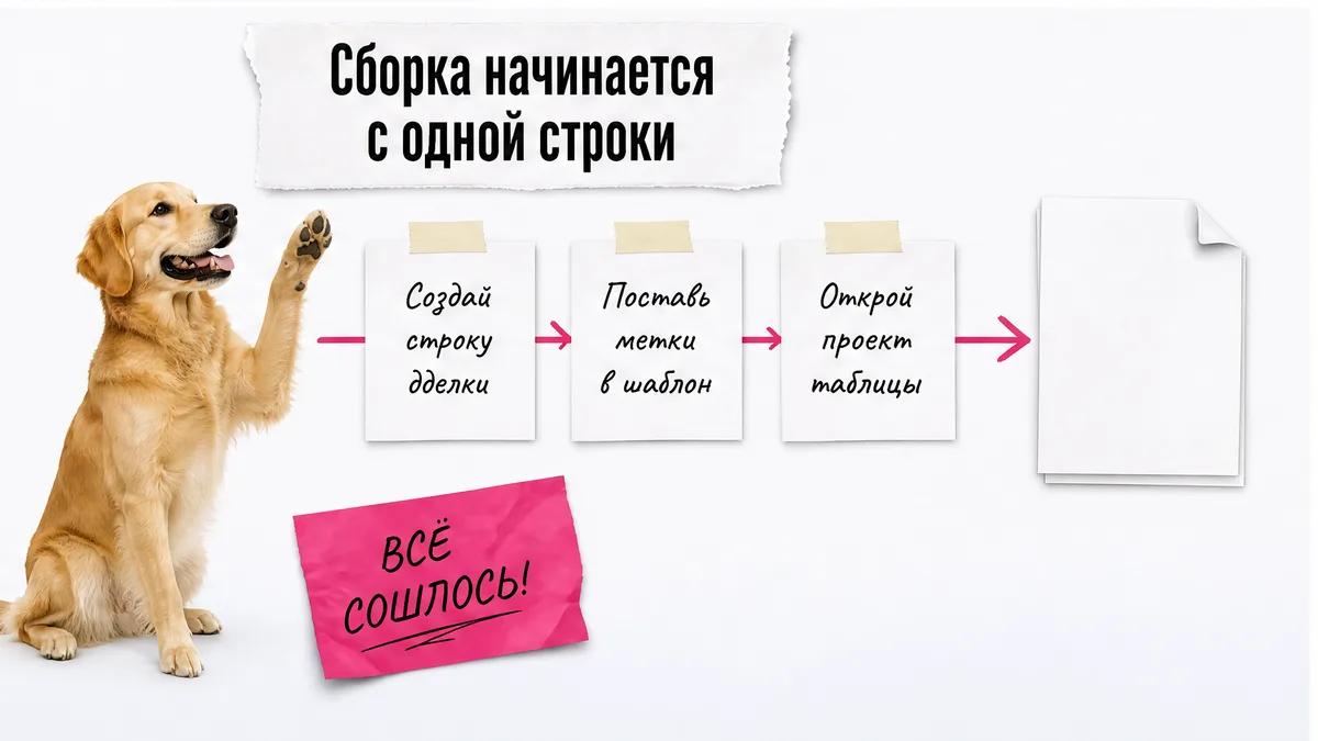 Собака поднимает лапу рядом с карточками первых шагов сборки договора из строки.