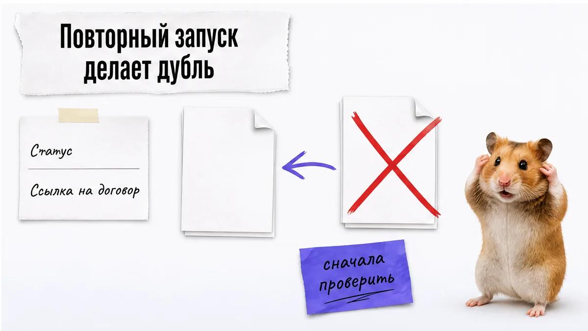 Хомяк в недоумении смотрит на две копии договора, одна перечёркнута красным крестом.