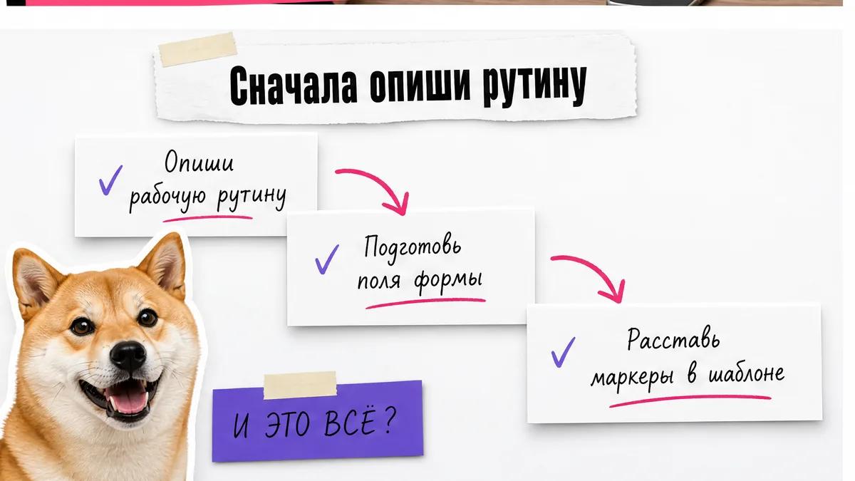 Кот удивлённо смотрит на три карточки первых шагов сборки шаблона.