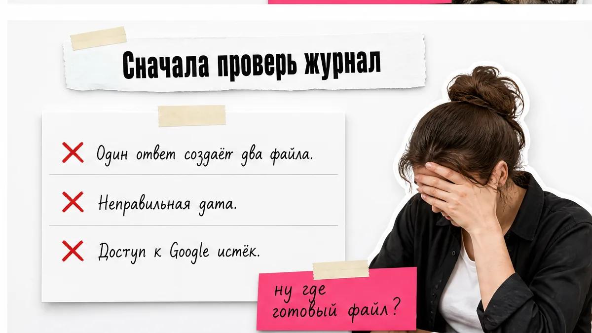 Женщина без лица прикрывает ладонью лицо рядом с карточками типичных ошибок генерации.