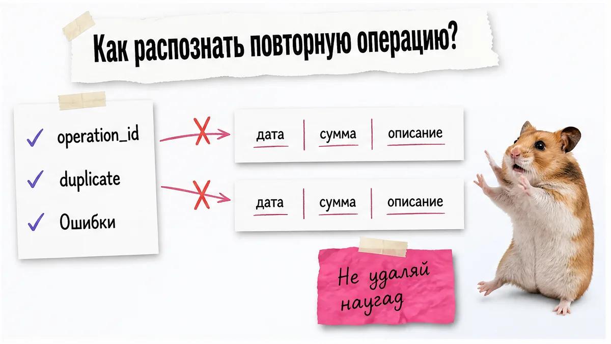 Хомяк в шоке смотрит на список проверки дублей операций с красными крестами.