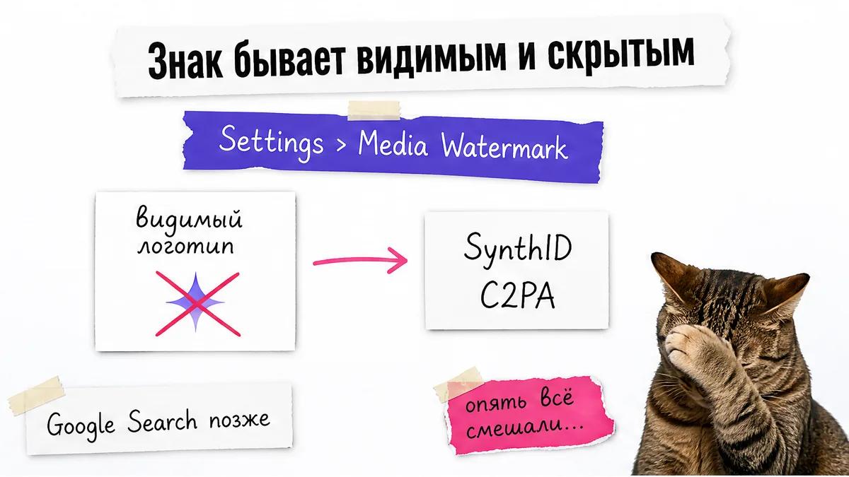 Кот прикрывает морду лапой рядом со схемой видимого логотипа и SynthID.