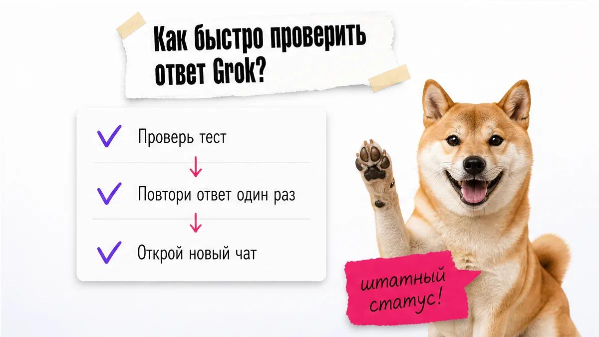 Кот поднимает лапу рядом с коротким чек-листом проверки ответа Grok.