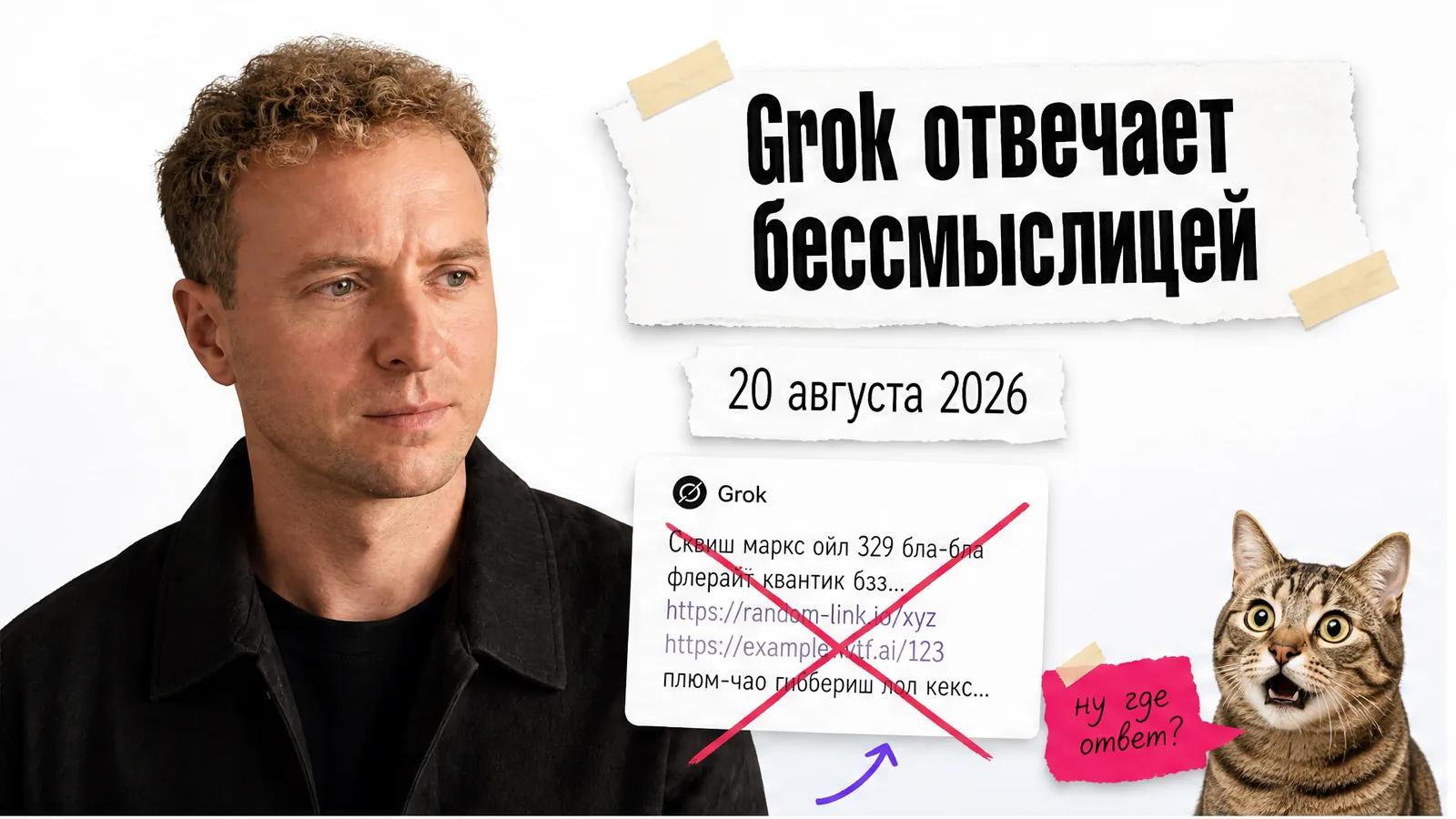 Автор с фотографии показывает на карточки с симптомами сбоя Grok и случайными ссылками.