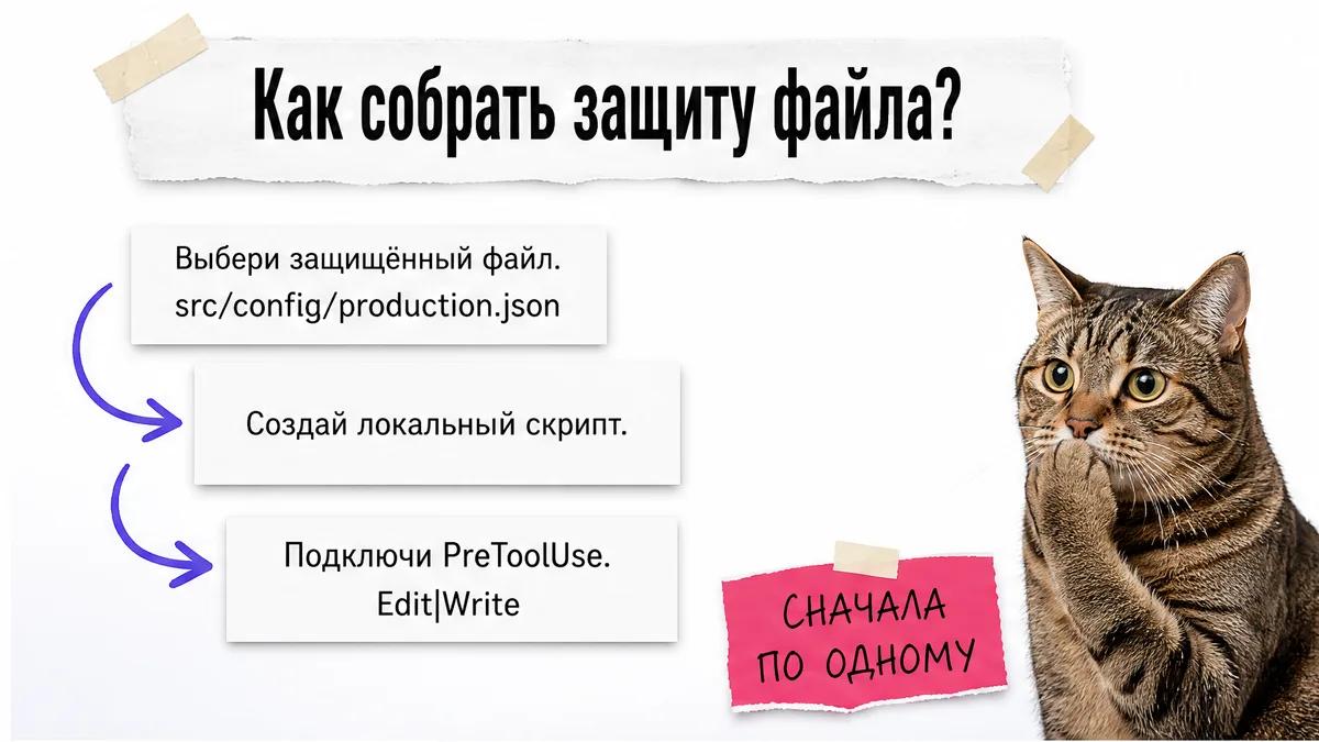 Кот с тревогой смотрит на три карточки шагов настройки хука.