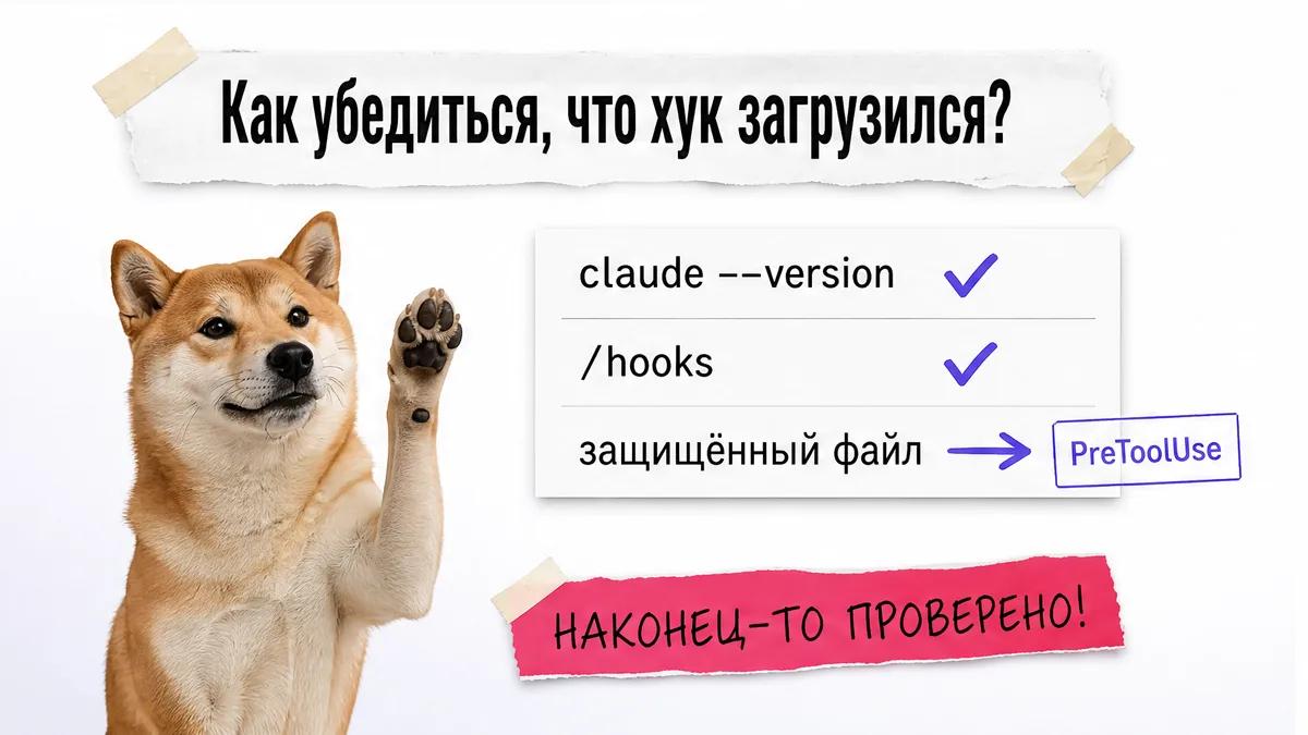 Сиба-ину поднимает лапу возле чек-листа проверки установленного хука.