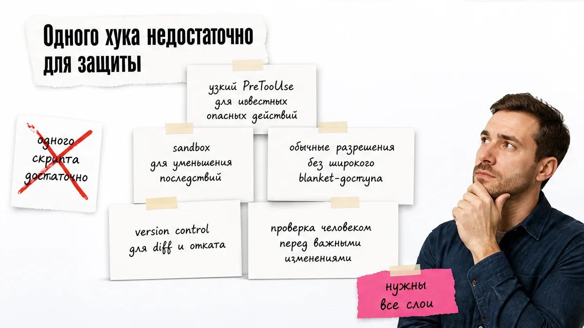 Задумчивый мужчина смотрит на пять слоёв защиты вокруг опасной команды.