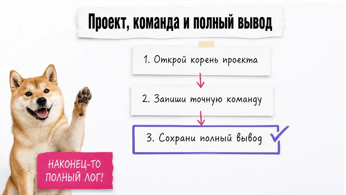 Собака с поднятой лапой стоит рядом с цепочкой шагов передачи проекта и полного лога ИИ.