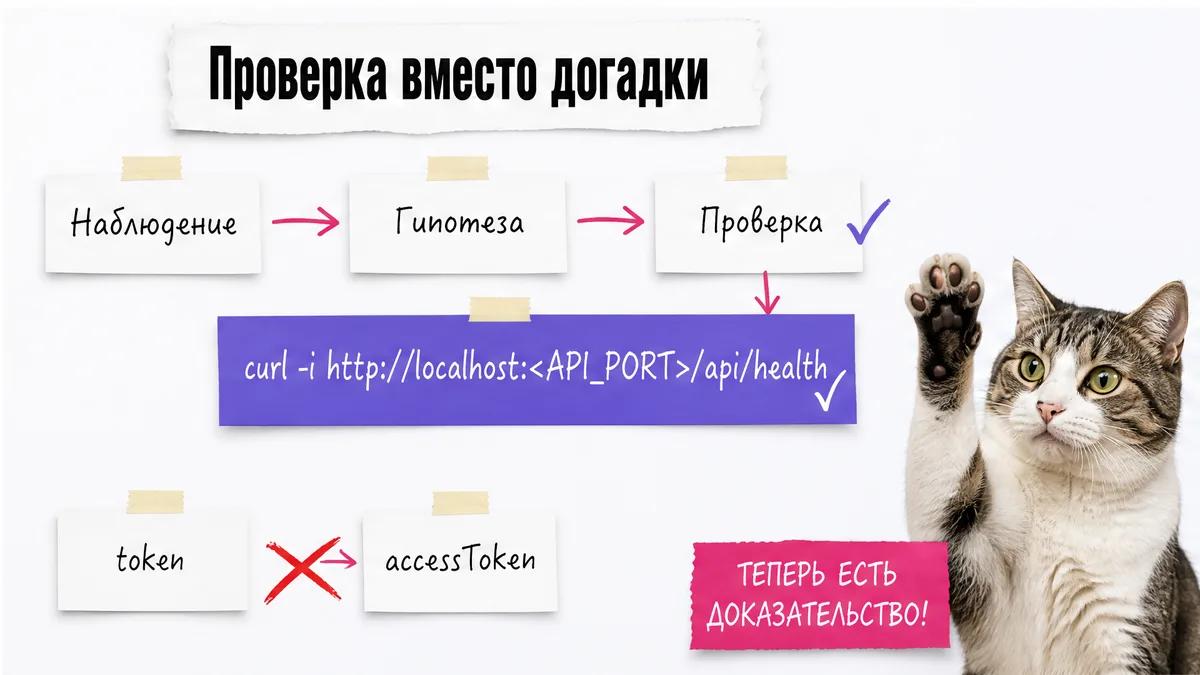 Кот одобрительно поднимает лапу возле схемы проверки ответа API и полей token и accessToken.