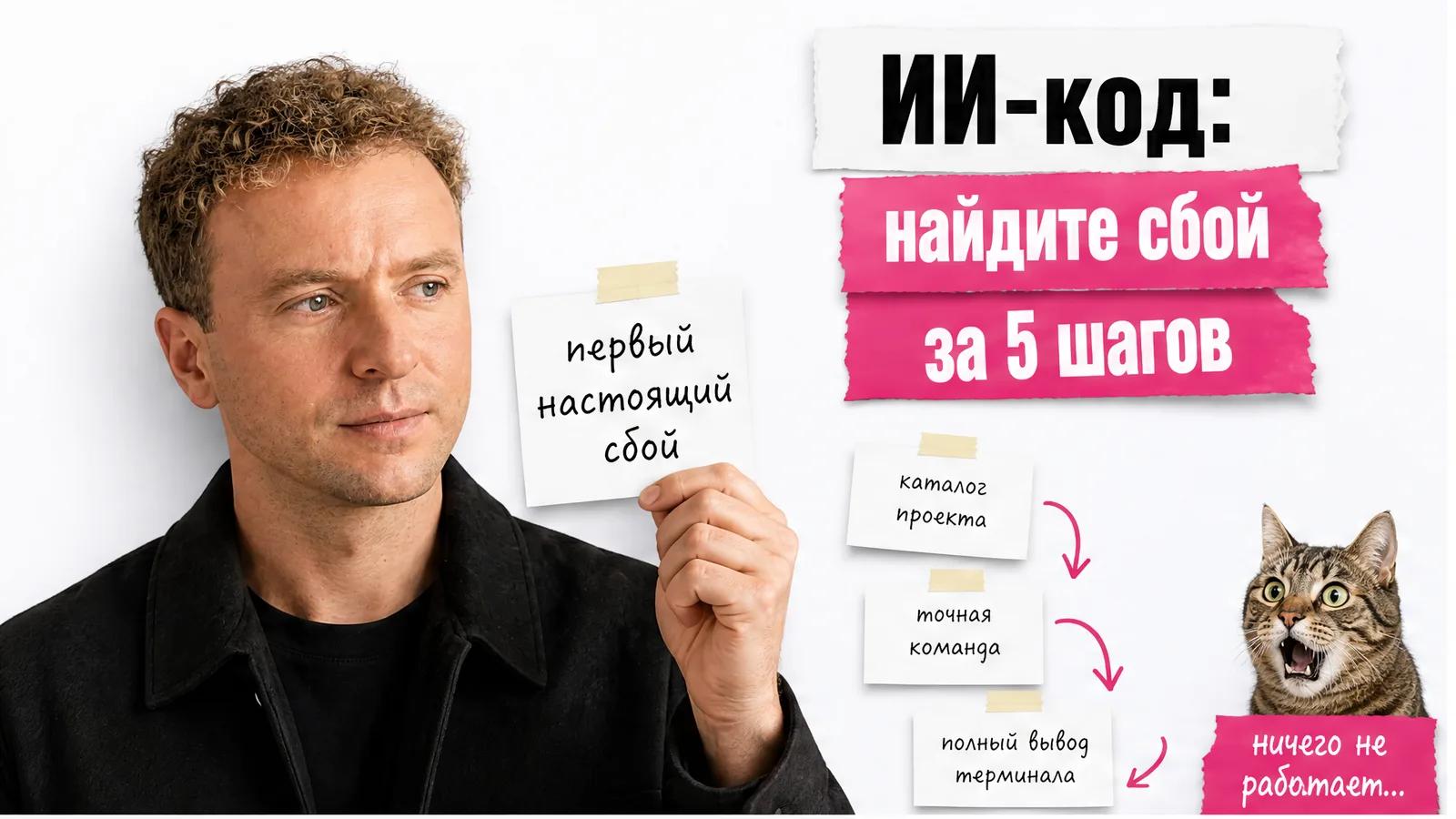Автор с приложенного фото показывает карточки с данными для диагностики, рядом удивлённый кот.