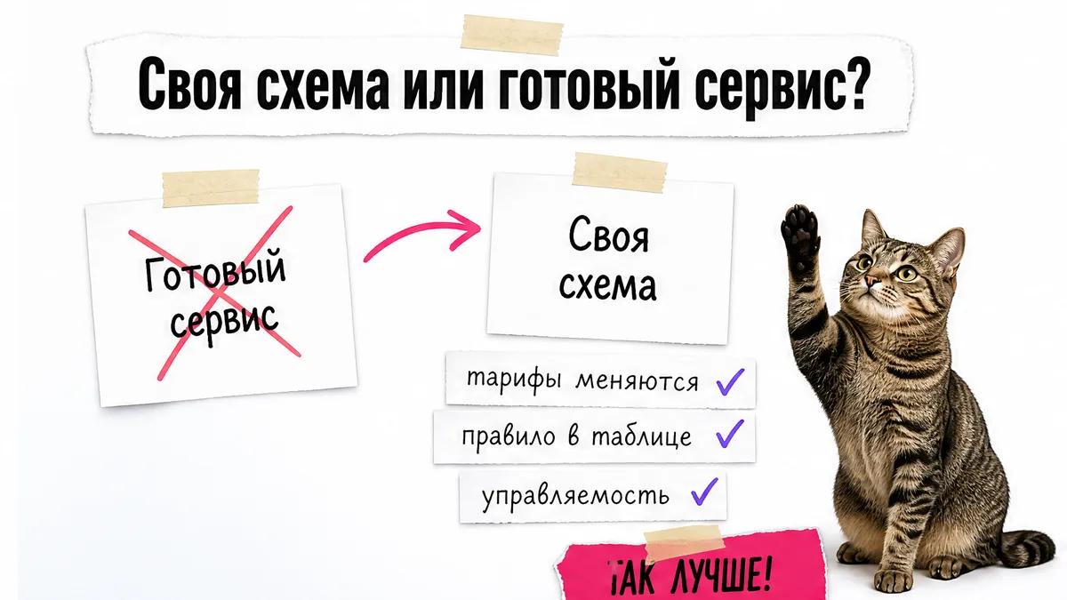 Кот сравнивает готовый сервис и собственную схему калькулятора доставки.