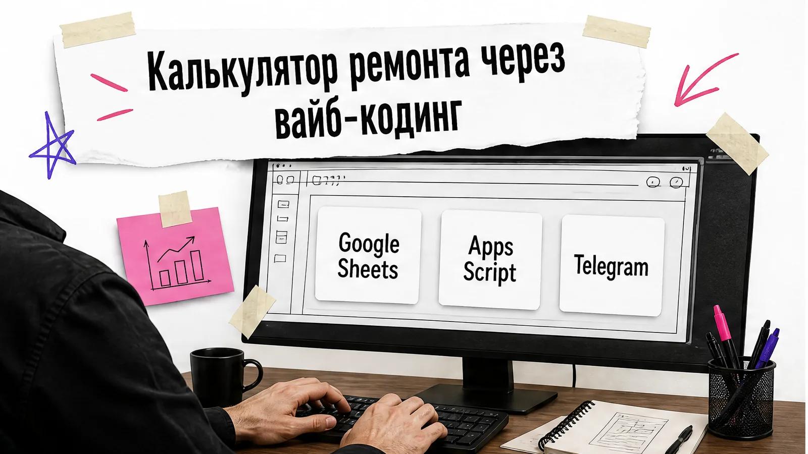 Мужчина за рабочим столом собирает калькулятор ремонта на экране, его лица не видно.