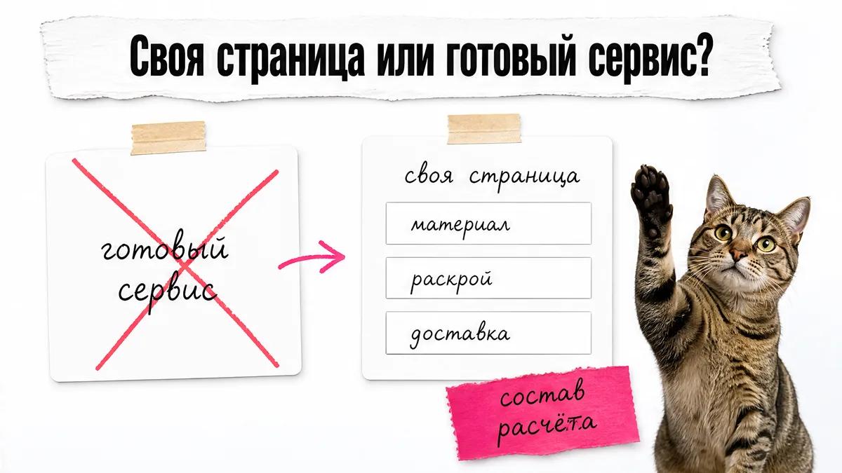 Кот сравнивает готовый сервис и свою страницу с отдельными строками расчёта.