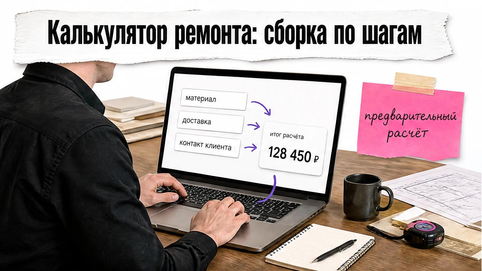 Рабочее место владельца мебельного производства с экраном калькулятора и мужскими руками за работой.