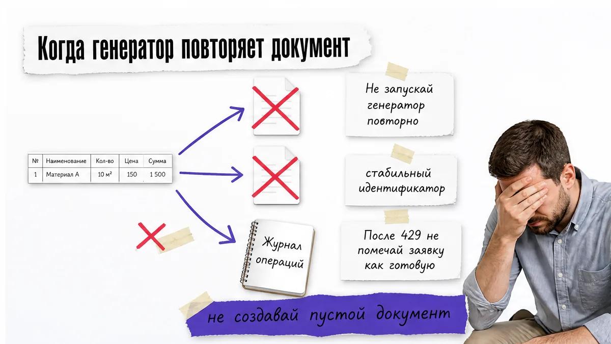 Мужчина закрывает лицо ладонью рядом со схемой дублей, ошибок и повторного запуска.