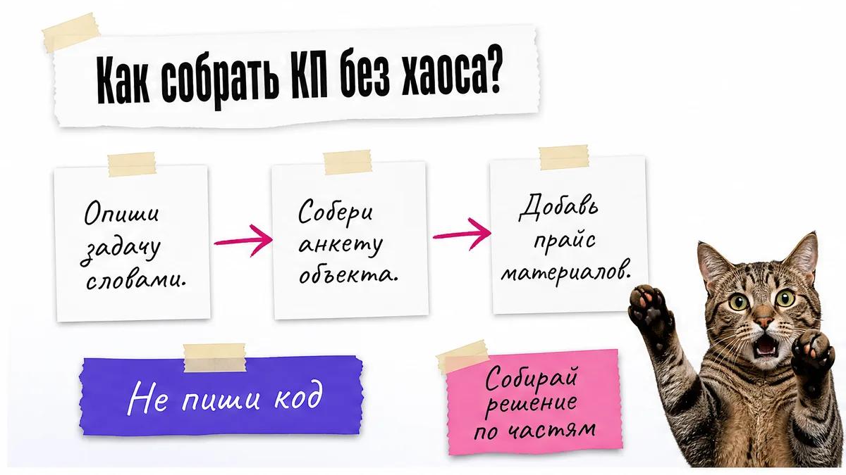 Кот ошеломлённо смотрит на схему первых шагов сборки коммерческого предложения.