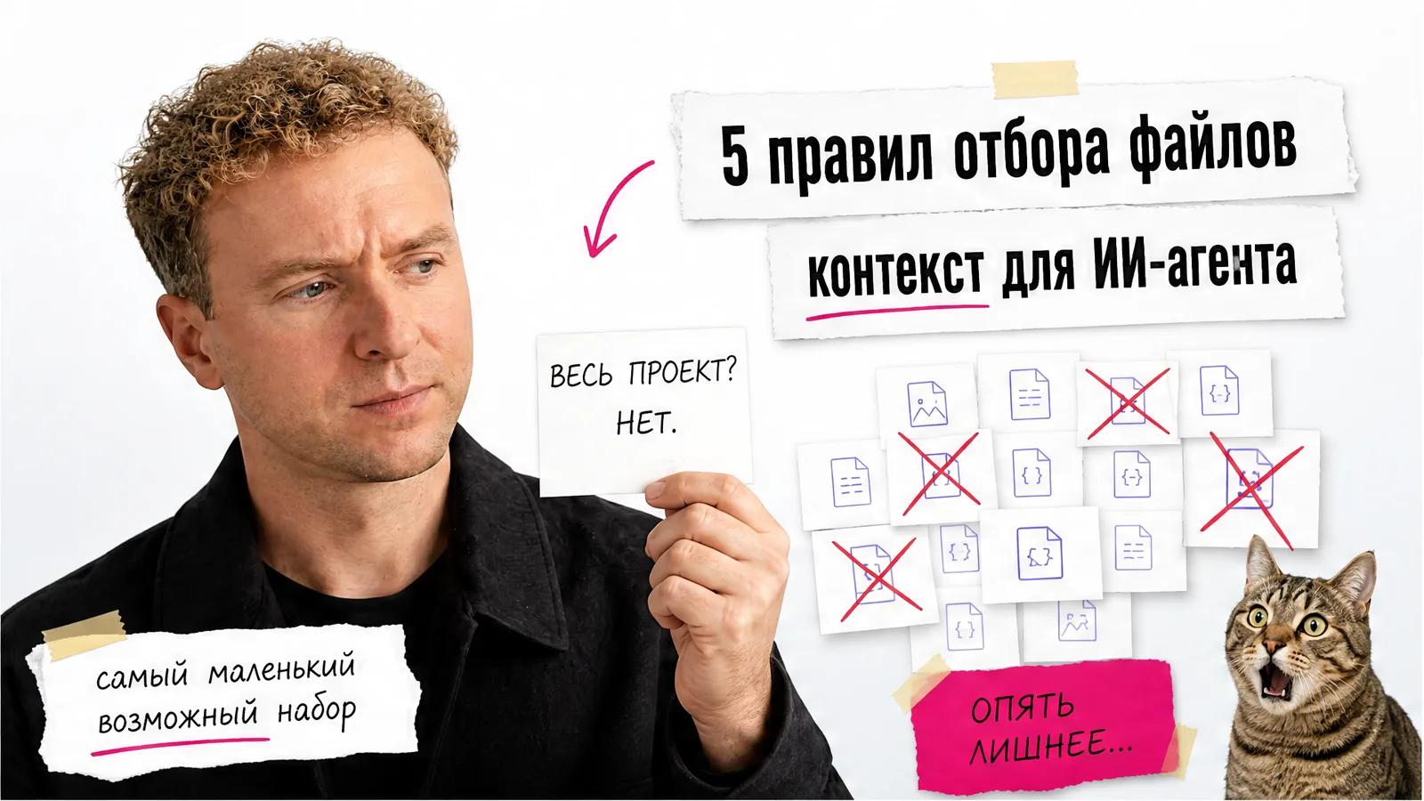 Автор по приложенному фото показывает карту контекста, а кот внизу удивлённо смотрит на лишние файлы.