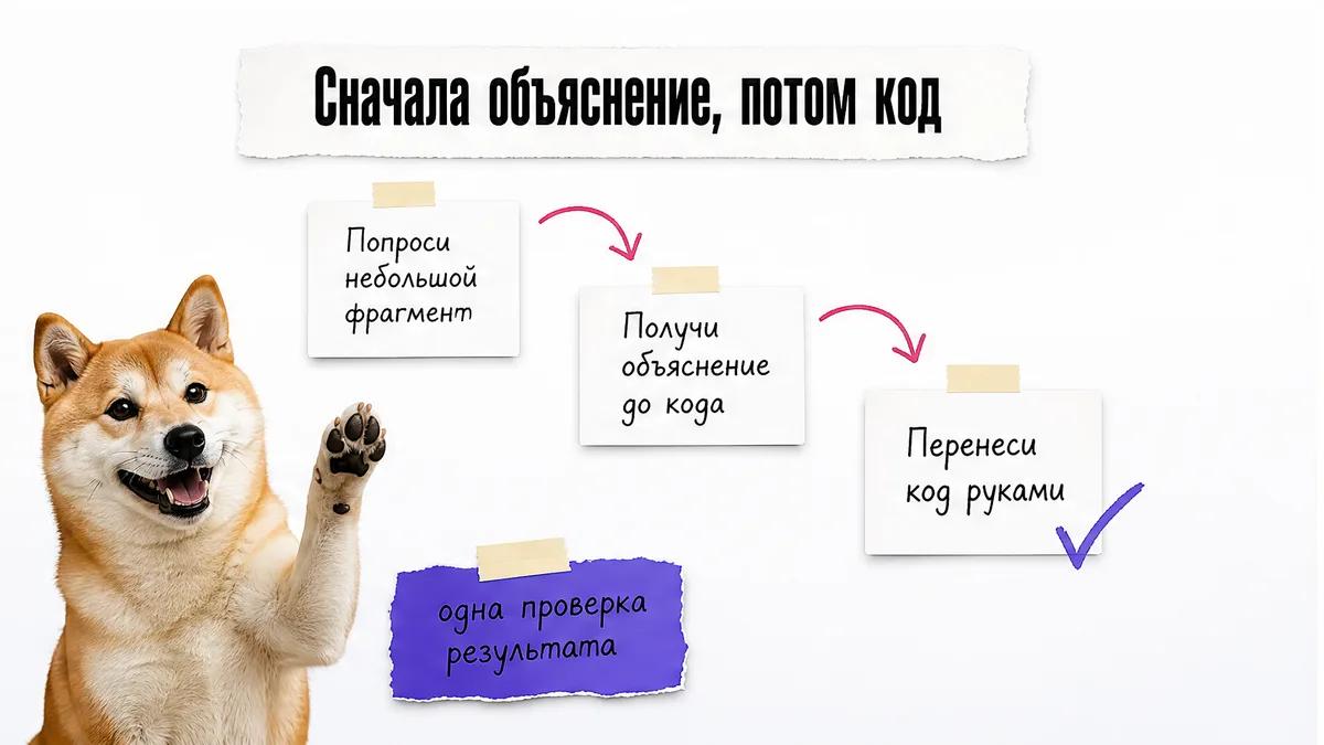 Собака поднимает лапу рядом с тремя карточками ручного переноса изменения.