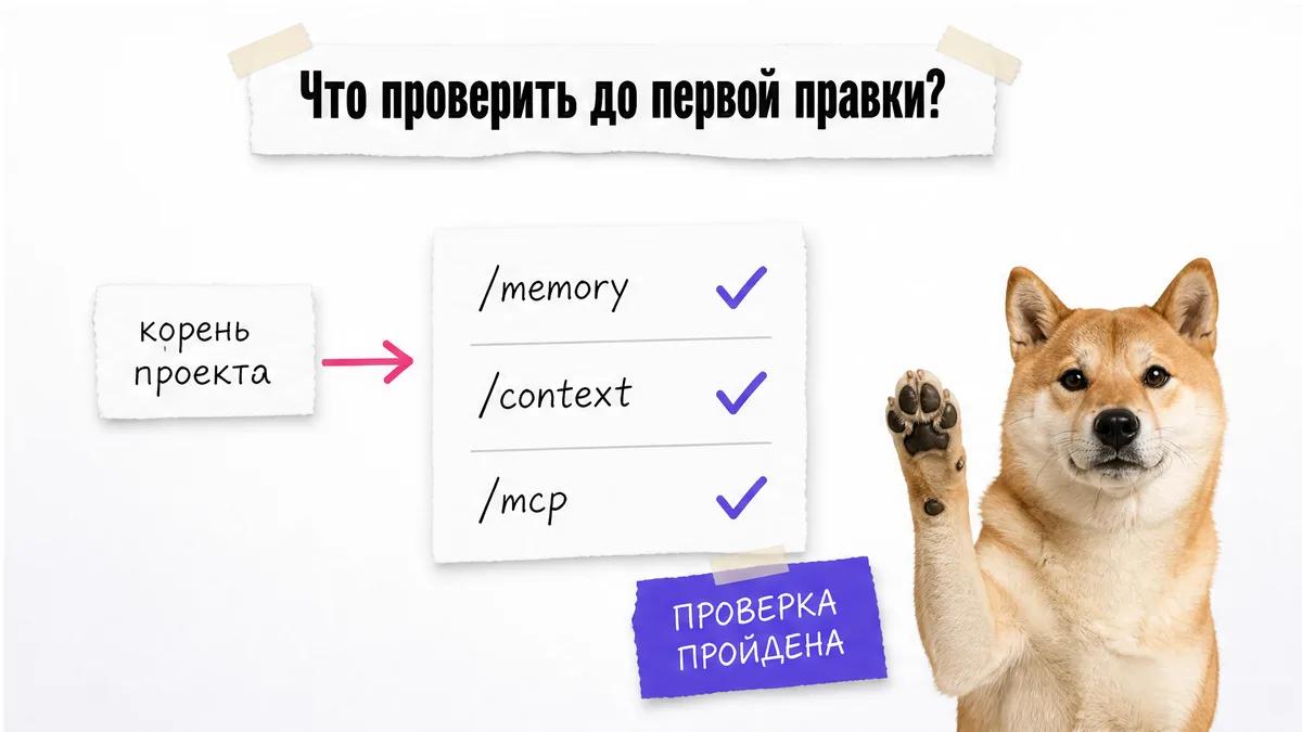 Собака поднимает лапу возле чек-листа проверки Claude Code перед работой.