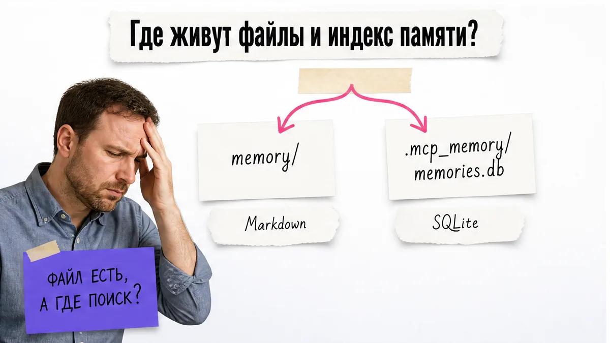 Человек закрывает лицо рядом со схемой папки memory и базы memories.db.