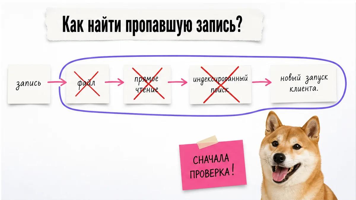 Собака в тревоге смотрит на цепочку диагностики от записи до нового запуска клиента.