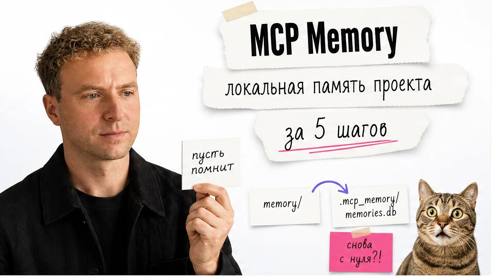 Автор с приложенного фото показывает схему локальной памяти MCP Memory, рядом удивлённый кот.