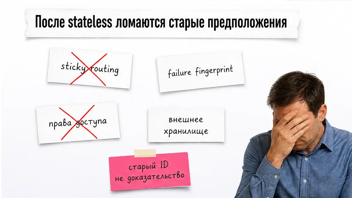 Мужчина закрывает лицо лапой рядом с перечёркнутыми проблемами stateless-перехода.