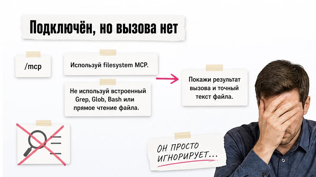 Мужчина закрывает лицо ладонью рядом с запросом на явный вызов MCP.
