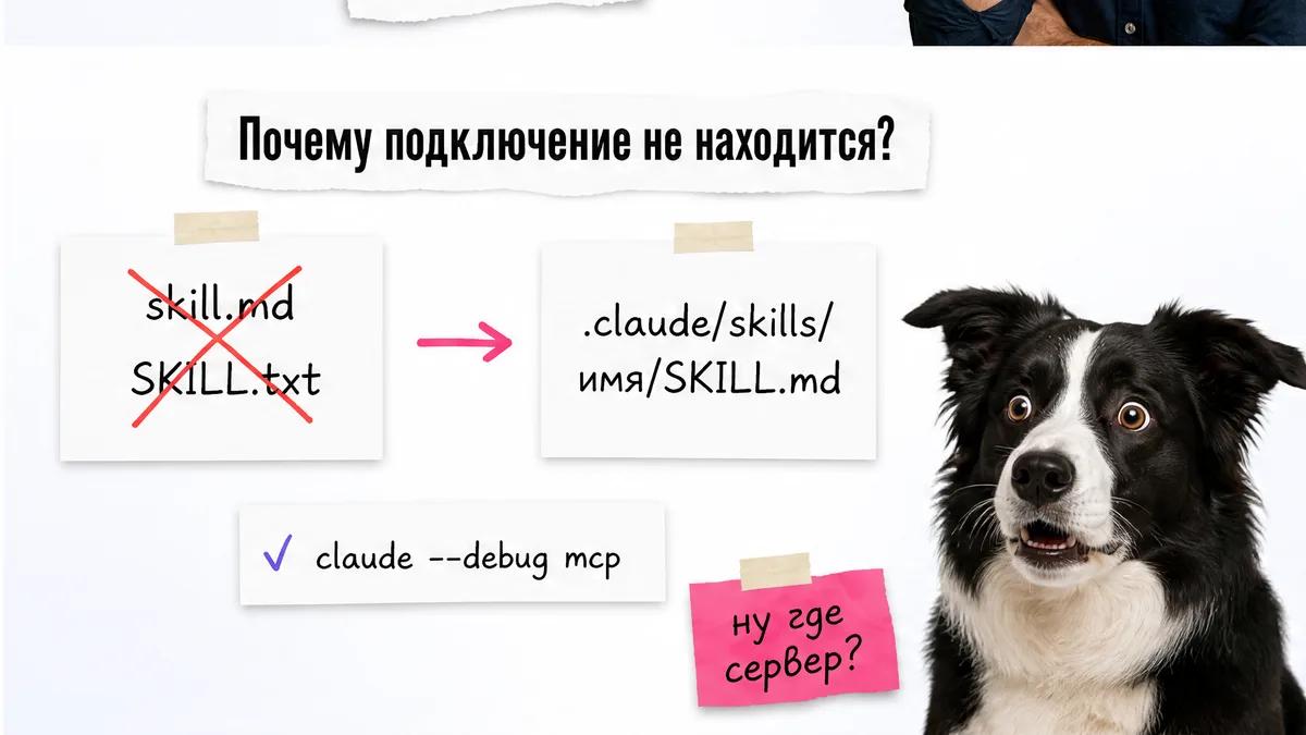 Собака встревоженно смотрит на ошибки в настройке Skill и MCP.