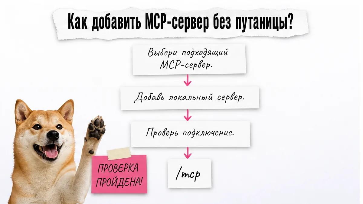 Собака радуется у схемы из трёх шагов подключения MCP-сервера.