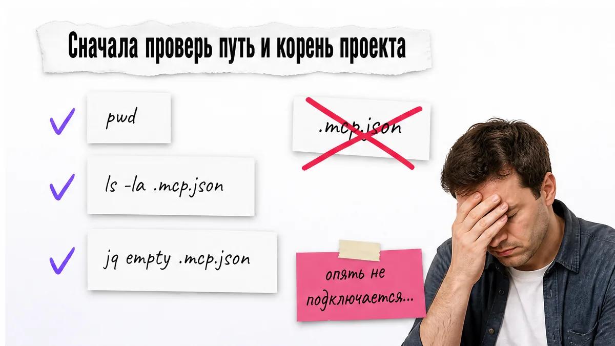 Мужчина закрывает лицо рядом с командами проверки неисправного MCP-подключения.