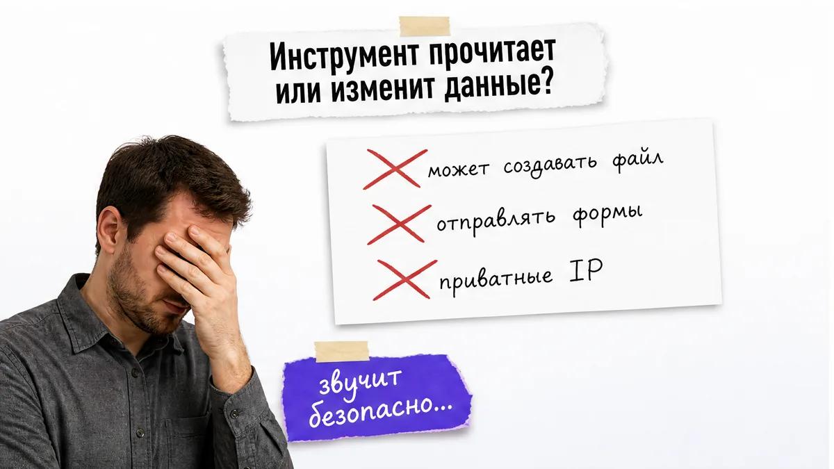 Мужчина прикрывает лицо рядом с карточками опасных действий MCP-инструмента.