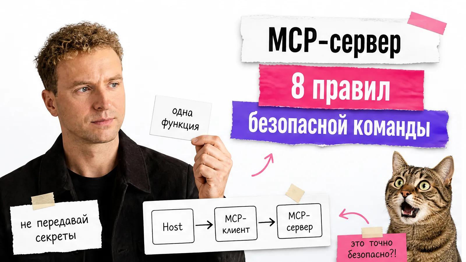 Автор показывает схему MCP-сервера, рядом удивлённый кот и карточка с одной безопасной командой.