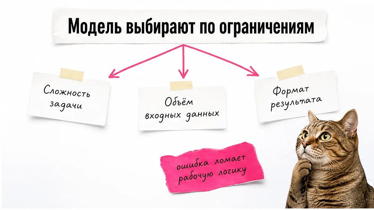 Задумчивый кот смотрит на развилку выбора модели по трём ограничениям задачи.