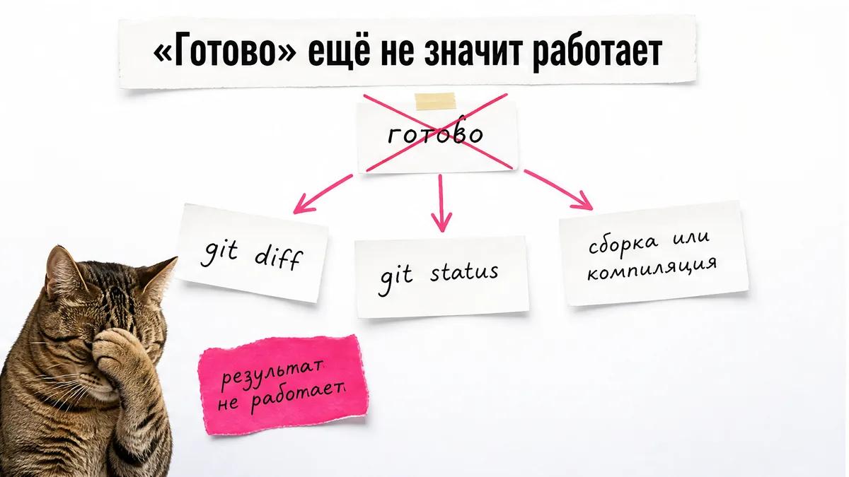 Кот прикрывает морду лапой рядом с командами проверки неработающего результата.