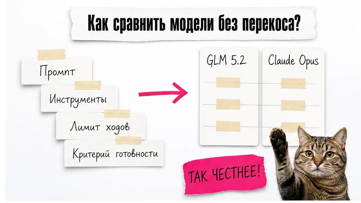 Кот одобряет сравнение GLM 5.2 и Claude по одинаковым условиям.