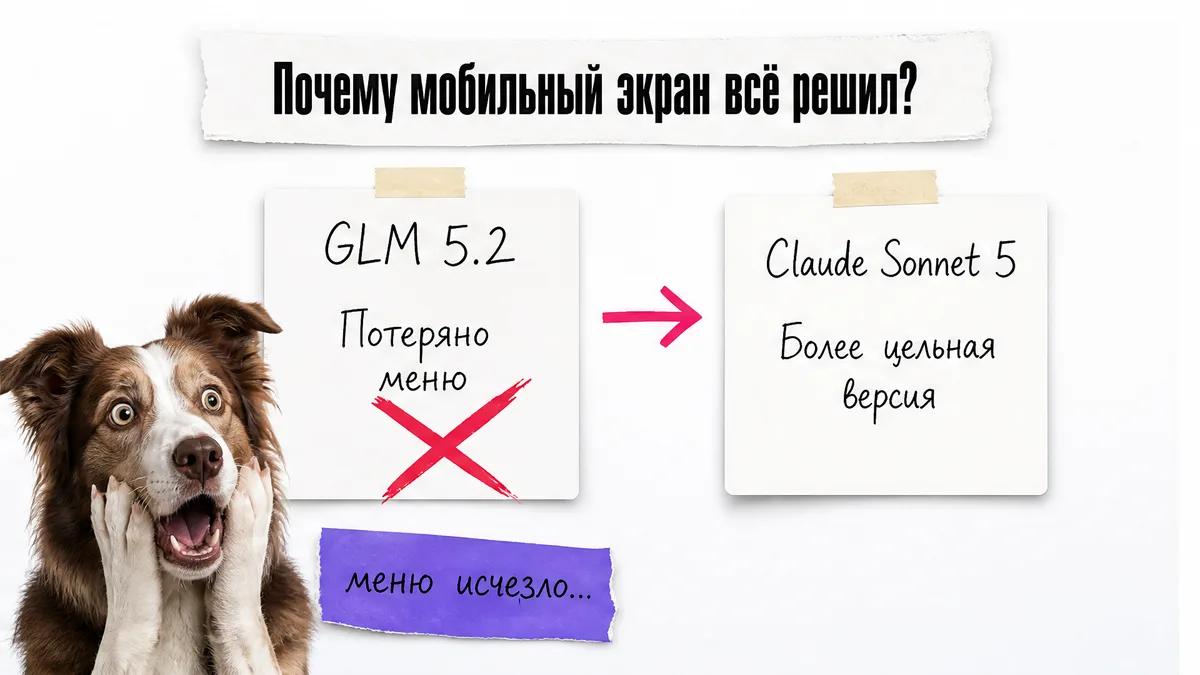 Собака в шоке у карточки с потерянным мобильным меню GLM 5.2.