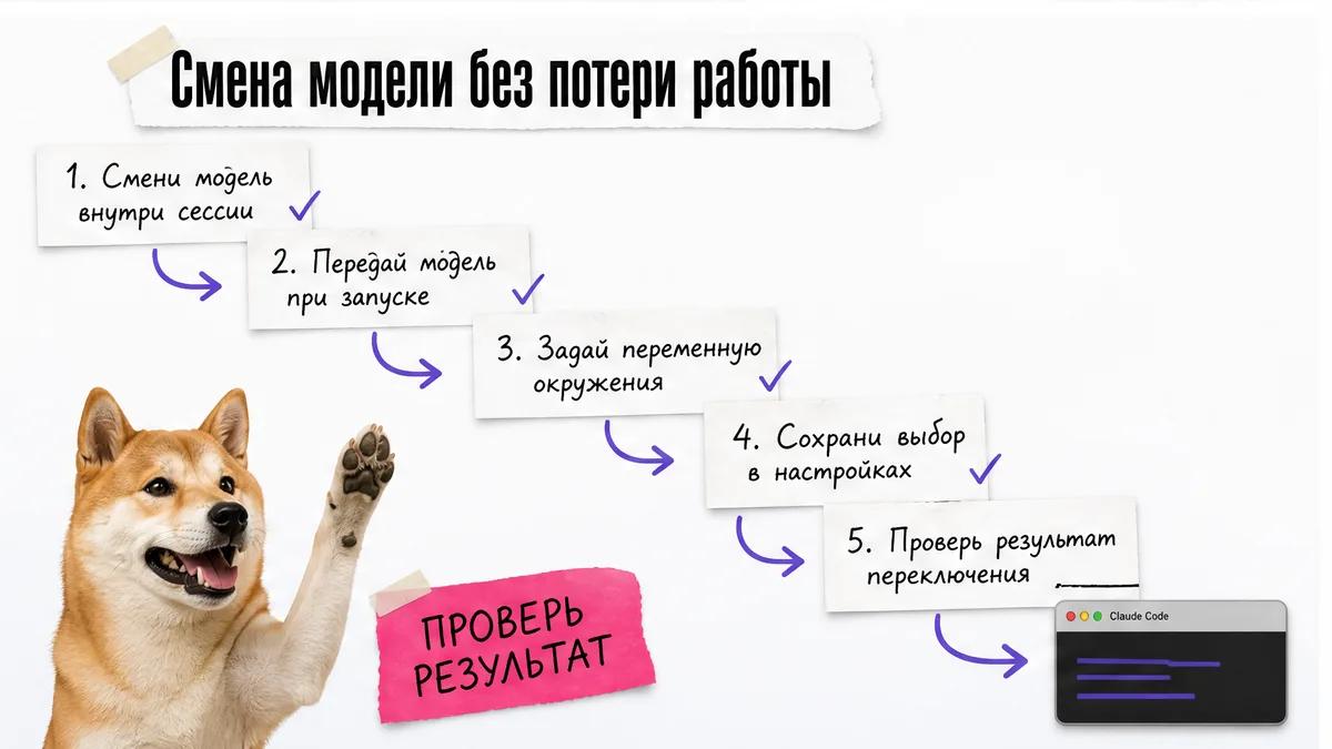 Кот держит карточки с пятью шагами смены модели в Claude Code.